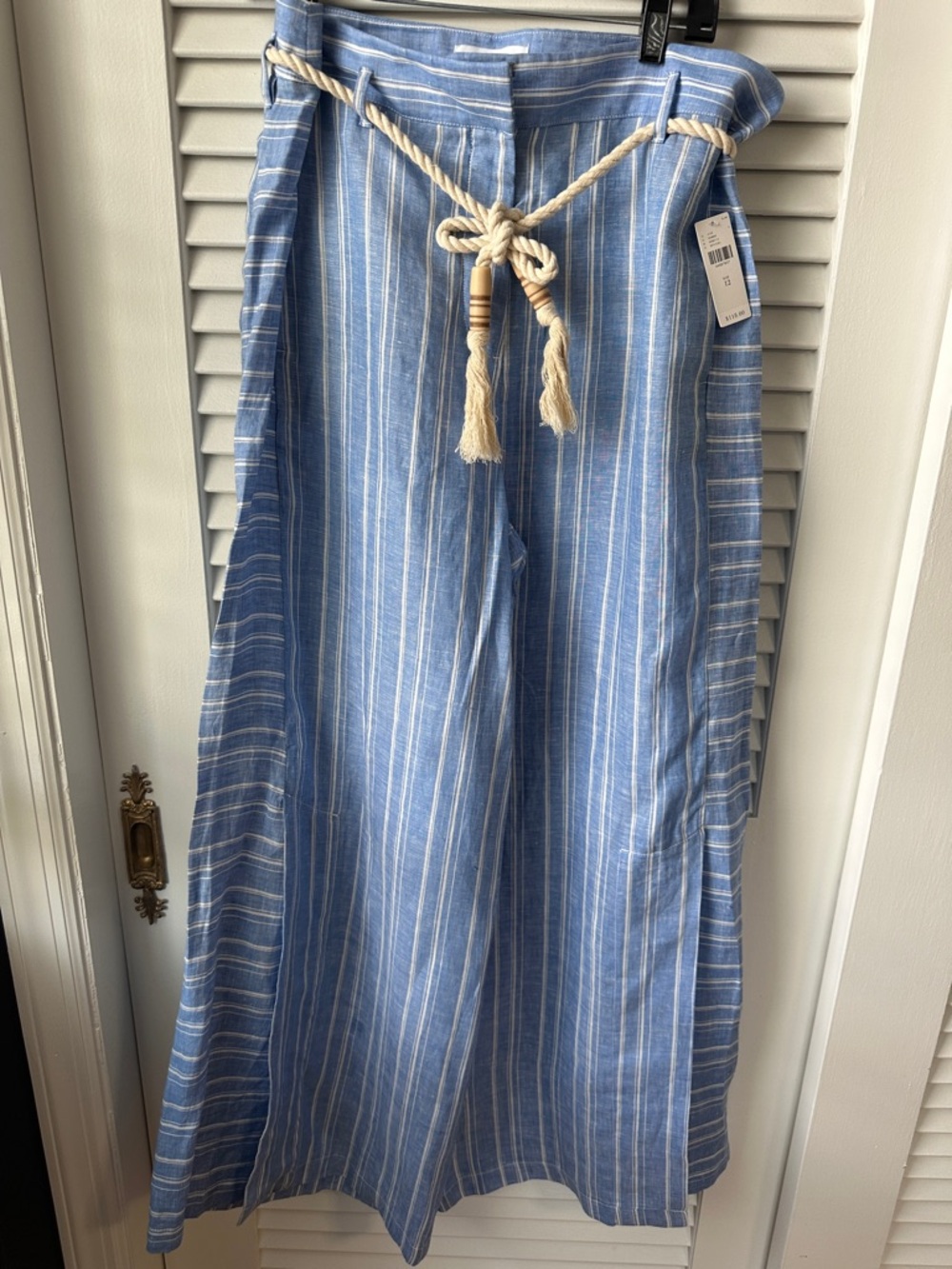 Anthropologie Blue and White Striped Wide-Leg Pants with Rope Belt Size 12 NWT
